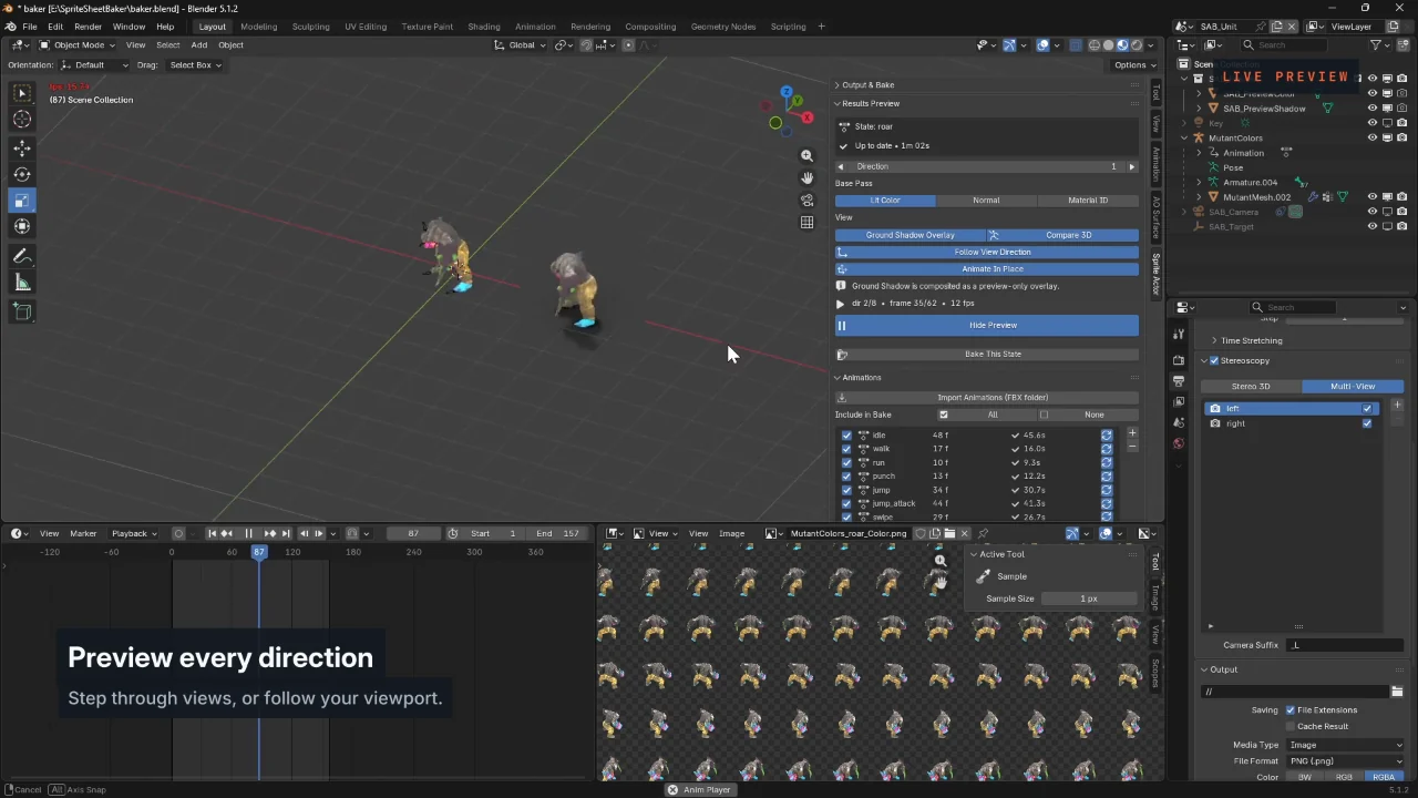 SpriteOrbit directional preview beside the source 3D model