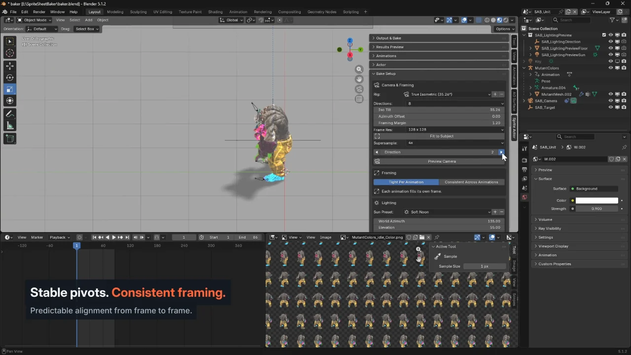 SpriteOrbit Blender UI with bake settings and atlas preview